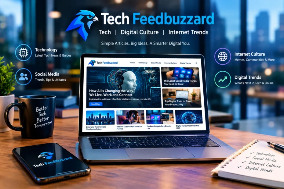 Camp Snap camera Tech Feedbuzzard digital platform illustration showing AI, wearable tech, and social media trends icons on a blue gradient background