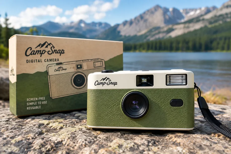 Camp Snap camera Camp Snap screen-free digital point-and-shoot camera with a retro design in an outdoor setting