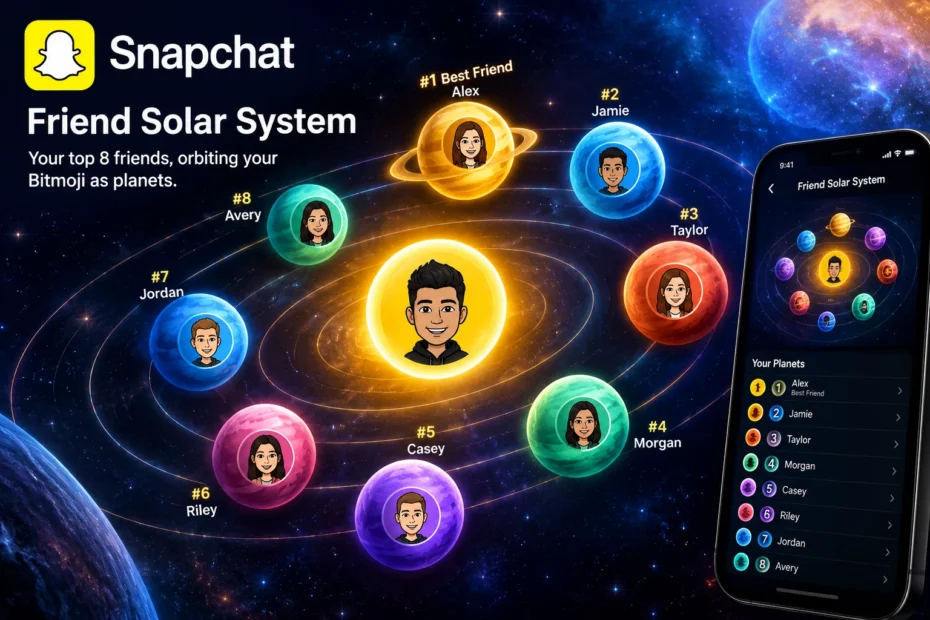 Camp Snap camera Snapchat Friend Solar System showing eight planets representing your closest friends around your Bitmoji
